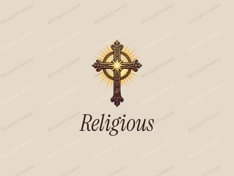 vintage design features a prominent golden cross, surrounded by intricate religious symbols, with a radiant glow effect, set against a clean and harmonious background.