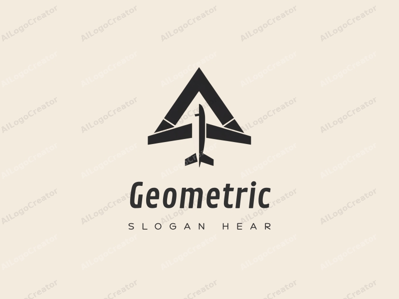 geometric design features a combination of squares and circles, stylized airplane and navigation elements, with a clean black and white color scheme.