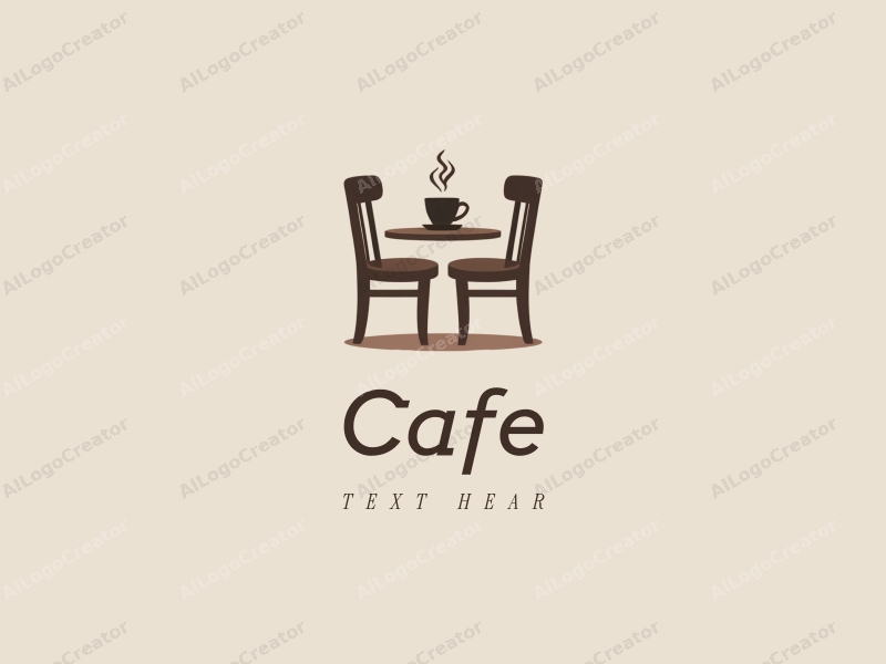 vintage design features a stylized coffee cup, classic wooden chairs, and a warm brown color palette combined with a clean background.