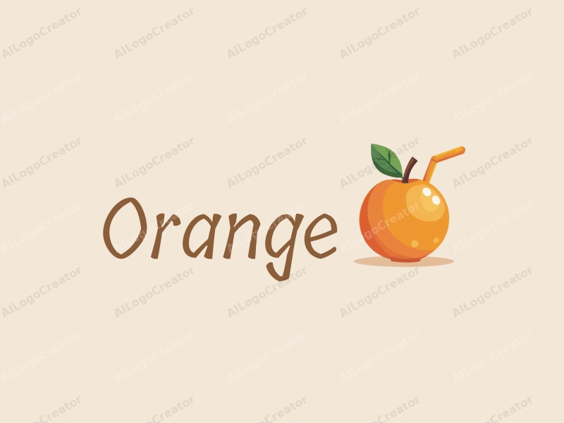 playful design features a stylized orange with a straw, vibrant orange color, and a clean background, emphasizing freshness and fun.