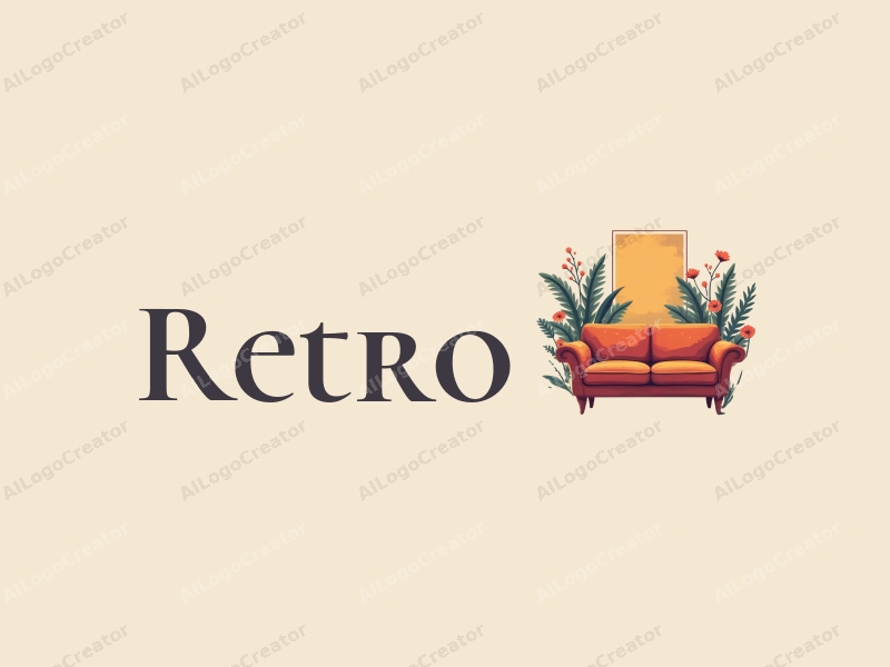 vintage design features a retro sofa and a retro poster, combined with stylized leaves and flowers, set against a clean background.