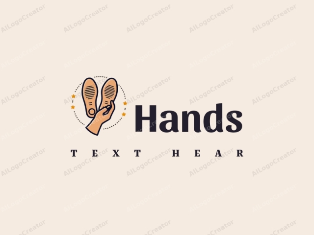 a modern design featuring a stylized hand holding insoles with footsteps, combined with a clean background and a focus on simplicity and harmony.