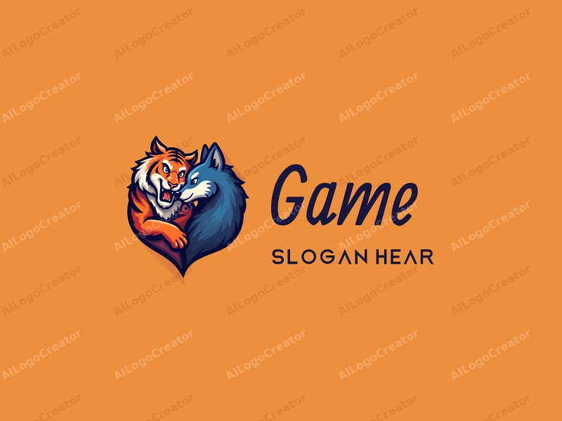 playful design features a vibrant color scheme, a stylized tiger and wolf intertwined, representing gaming and toys, combined with a clean and simple background.