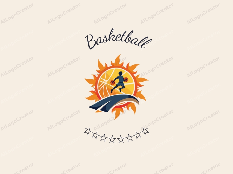 playful design features a stylized basketball and athlete in action, surrounded by radiant sunshine, combined with a clean background.