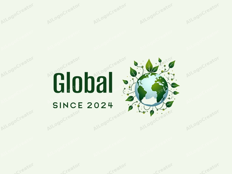 a modern design featuring a stylized Earth, interconnected network lines, green leaves symbolizing sustainability, and flowing data streams, combined with a clean and simple background.