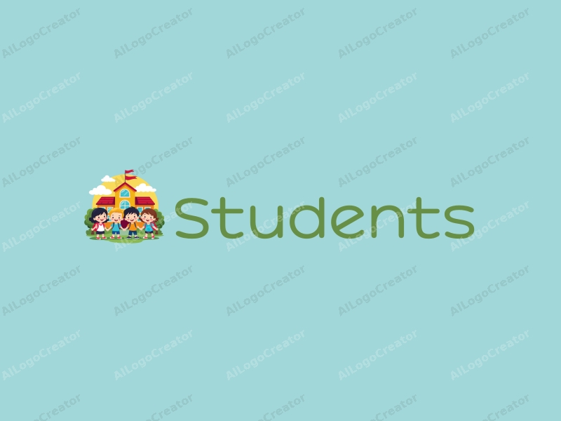 playful design features cheerful students, a stylized school building, books, and backpacks, combined with a vibrant and colorful background.