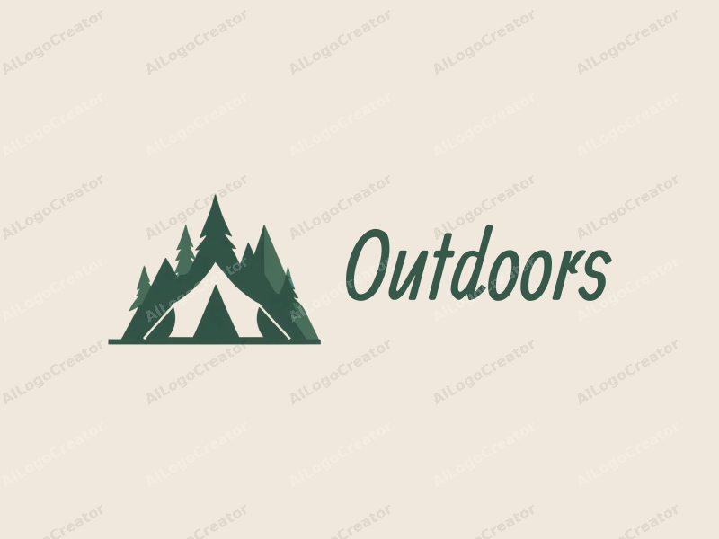 modern design features a stylized mountain silhouette, a simple camping tent, and a harmonious composition with clean lines and a green color palette.