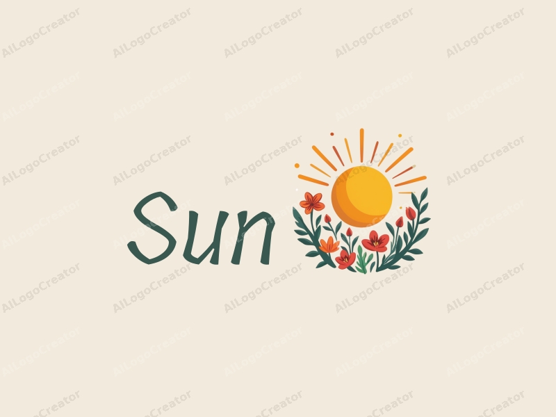 playful design features a bright sun radiating light, surrounded by whimsical flowers and leaves, combined with a clean background.