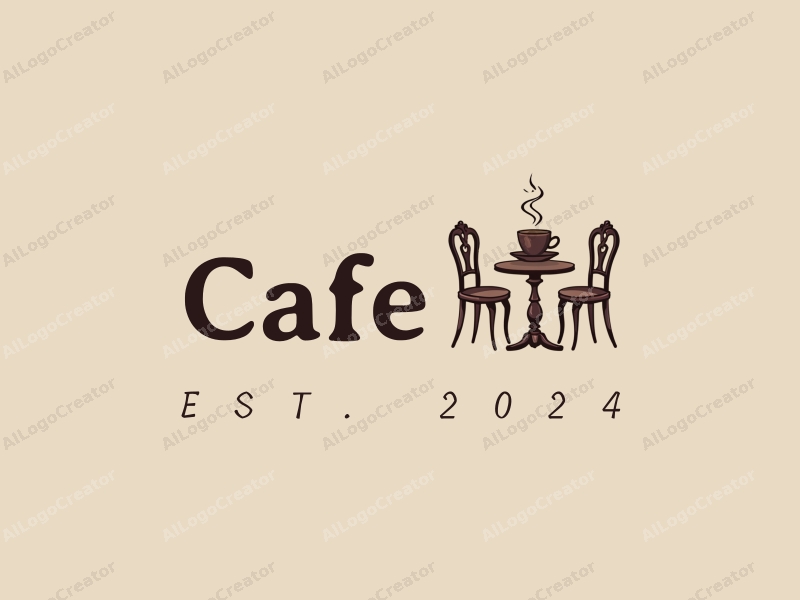 vintage design features a stylized coffee cup, antique table, and chairs, combined with a clean background.