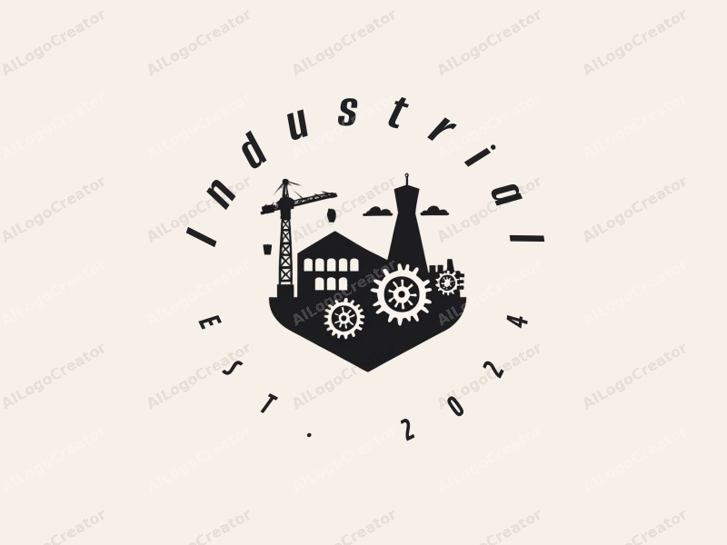 modern design features a stylized factory silhouette, interlocking gears, and a crane, combined with a clean background.