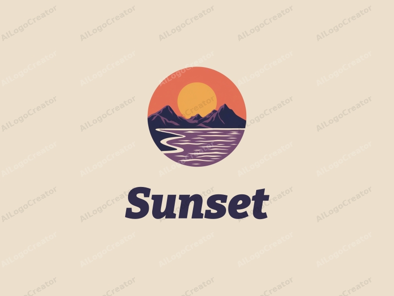 vintage design features a stylized sunset over a beach with mountains in the background, using a harmonious blend of orange and purple colors, combined with a clean and simple layout.