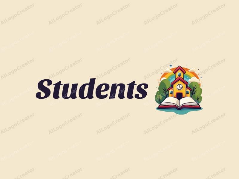 playful design features a cheerful student character, a stylized school building, an open book, and a vibrant rainbow, combined with a clean background.