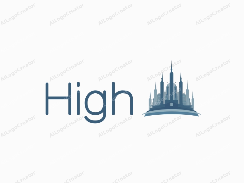 a modern minimalist design featuring tall and majestic towers and arches, combined with a clean background in blue and gray colors.