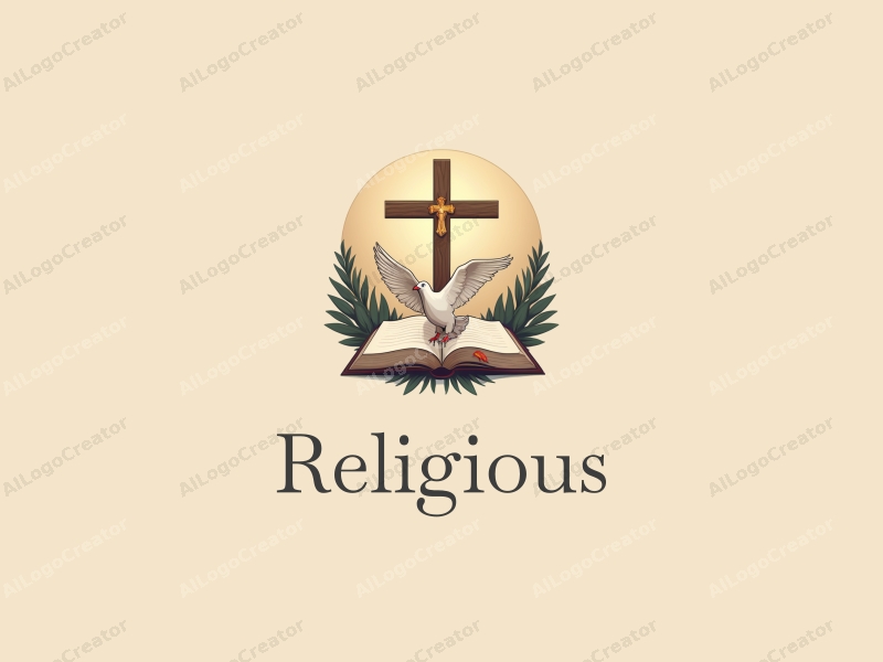 vintage design features a golden cross, an open Bible, and a dove, combined with a harmonious and clean background.