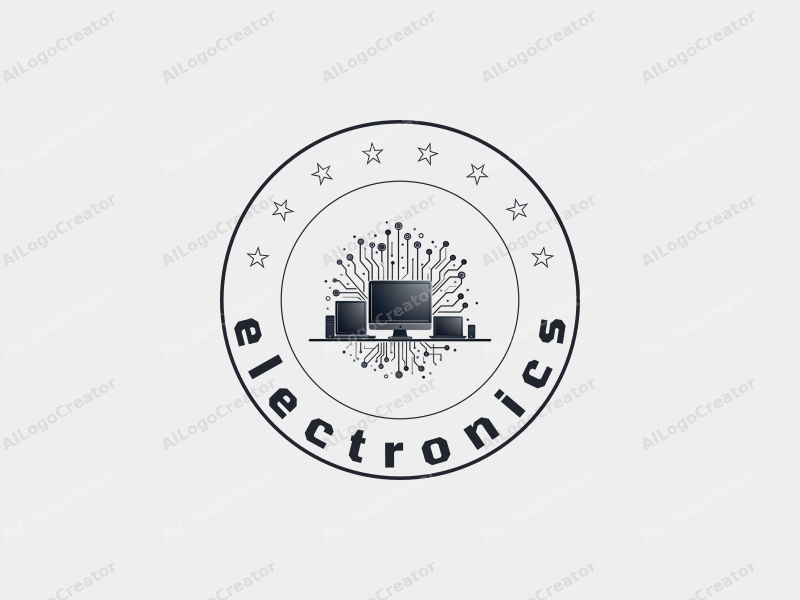 modern design features sleek electronic devices, a stylized computer silhouette, and intricate circuit patterns combined with a clean silver background.