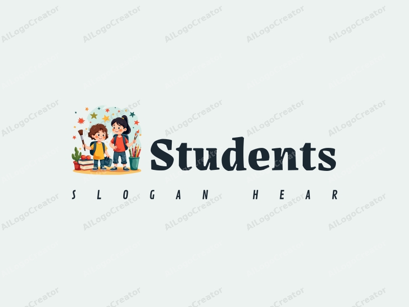 playful design features vibrant colors, stylized students and school elements, along with books and paintbrushes, combined with a clean and harmonious background.