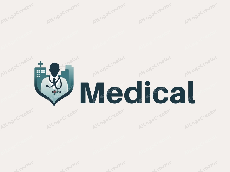 modern design features a stylized hospital silhouette, a doctor figure, a stethoscope intertwined with a cross, combined with a clean background.