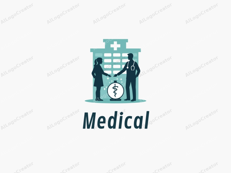 modern design features a stylized hospital and doctor silhouette, combined with a magic ball and pentagram, set against a clean background.