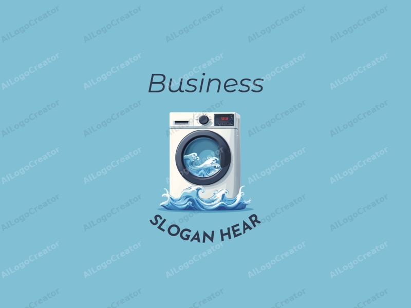 a modern design featuring a stylized washing machine and flowing waves, combined with business and office elements, set against a clean blue background.