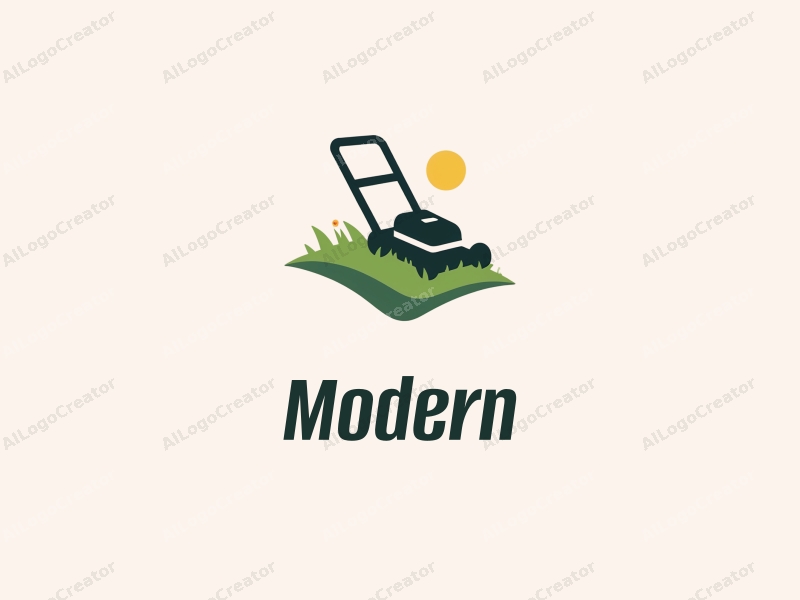 minimalist design features a stylized lawn and a sleek lawnmower silhouette, combined with a modern design approach and a clean background.