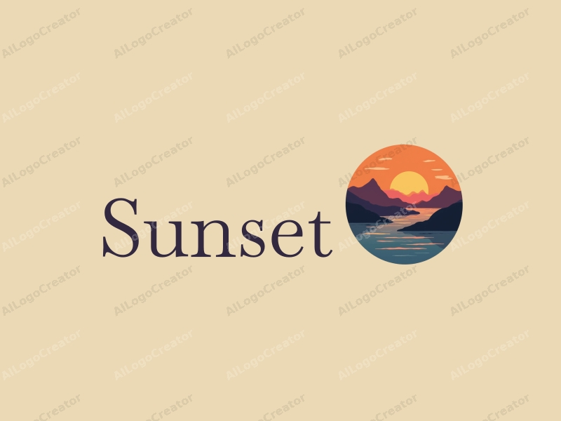 vintage design features a stylized sunset over mountains and ocean, with a harmonious blend of orange and purple colors, creating a serene and artistic atmosphere.