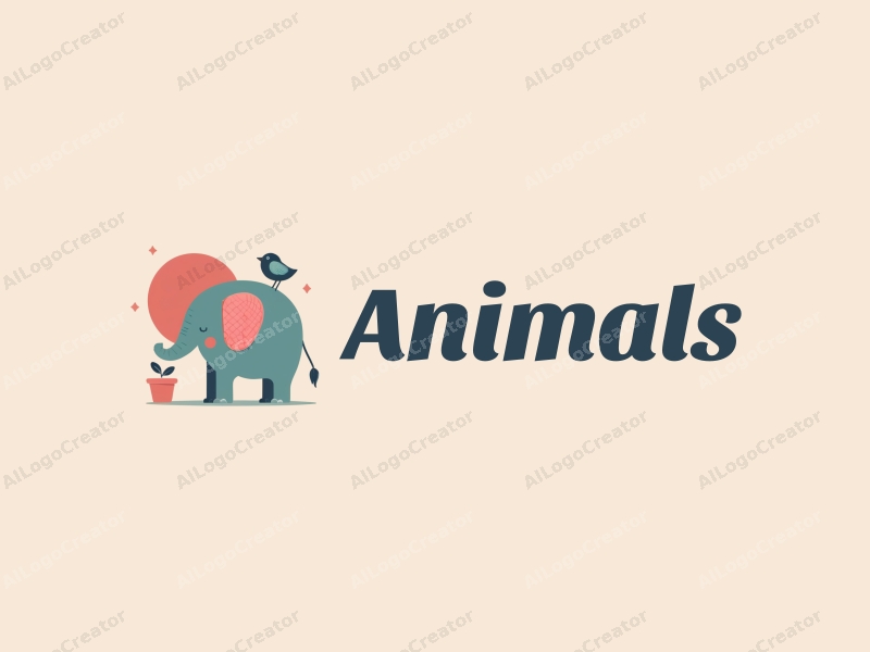 playful design features a stylized elephant and a small bird, incorporating vibrant colors and a whimsical approach combined with a clean background.