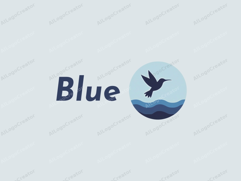 minimalist design features a stylized hummingbird in flight above gentle waves, with a clean blue background representing the ocean and sky, creating a harmonious and simple composition.