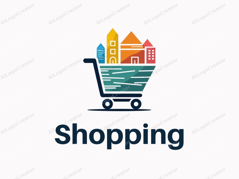 a modern design featuring a colorful shopping cart and stylized mall architecture, combined with a clean background and a harmonious composition.