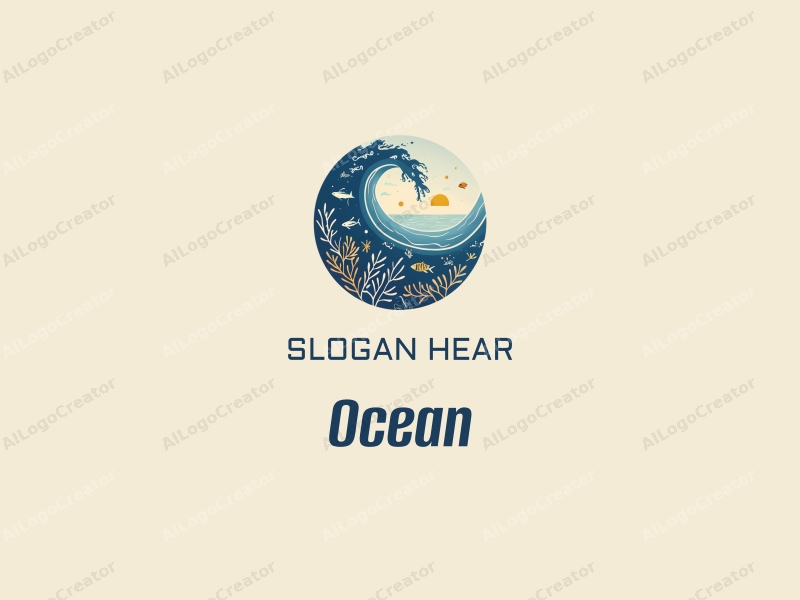 a modern design featuring stylized waves, various marine life including corals and fish, combined with a clean background and a harmonious composition.