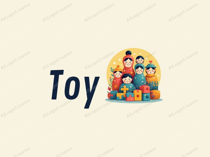 playful design features colorful dolls, stylized puzzles, cheerful faces, and building blocks combined with a clean background.