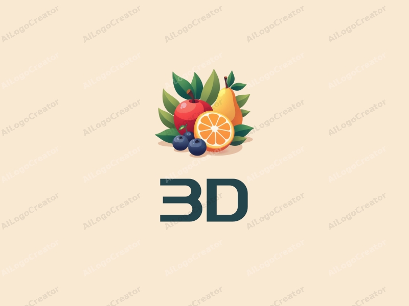 a modern design featuring 3D dynamic elements of colorful fruits and leaves, combined with a clean background and a playful composition.