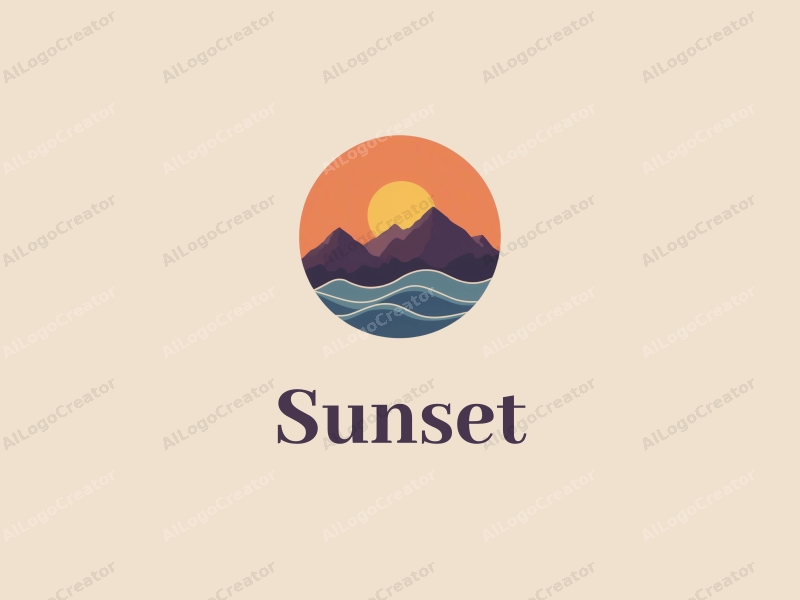 vintage design features a stylized sunset over mountains, with gentle waves in the foreground, using a harmonious blend of orange and purple colors against a clean background.