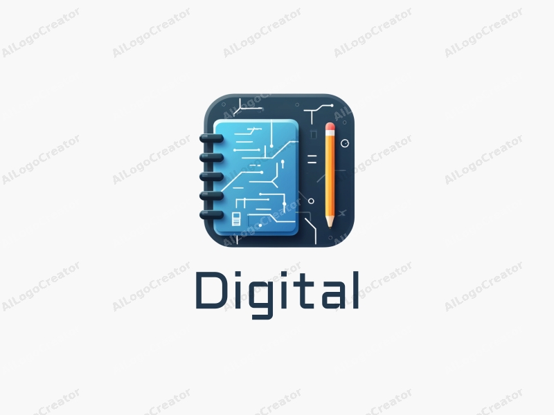 a modern minimalist design featuring digital elements like a stylized notebook and circuit patterns, combined with a clean background in blue and black colors.