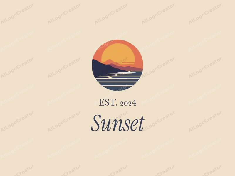 vintage design features a stylized sunset over a coastline, with silhouettes of distant hills and a clean background, incorporating warm orange and purple hues.