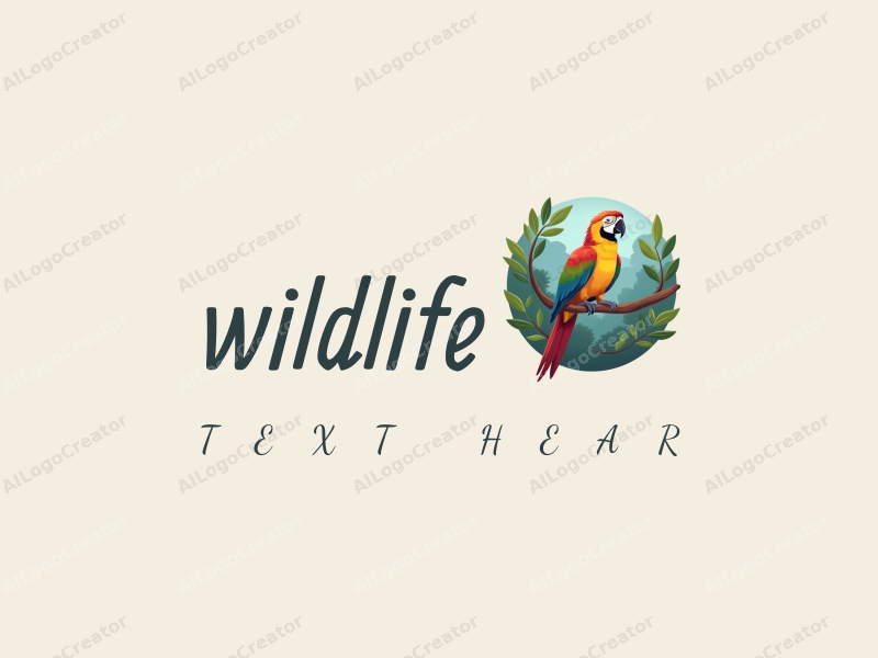 playful design features a vibrant parrot perched on a tree branch, surrounded by lush green foliage and a serene forest backdrop, combined with a clean and harmonious composition.