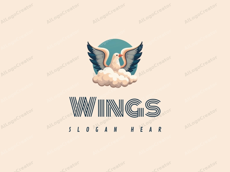 playful design features stylized wings and feathers soaring through fluffy clouds, combined with a clean background.