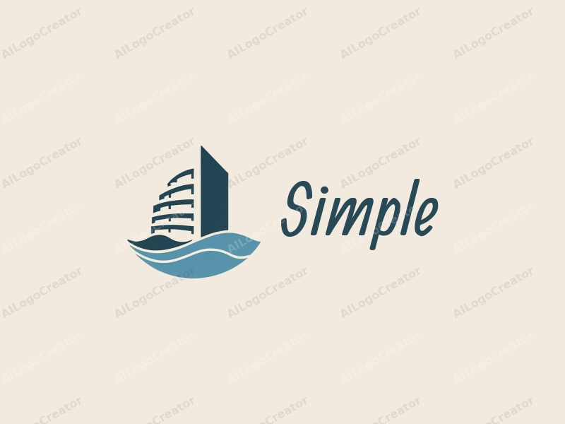 minimalist design features simple waves, a stylized hotel silhouette, and a clean design approach combined with a serene background.