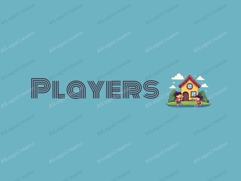 playful design features a vibrant color scheme, a stylized player and game character interacting with a whimsical house, incorporating elements of education, combined with a clean and simple background.