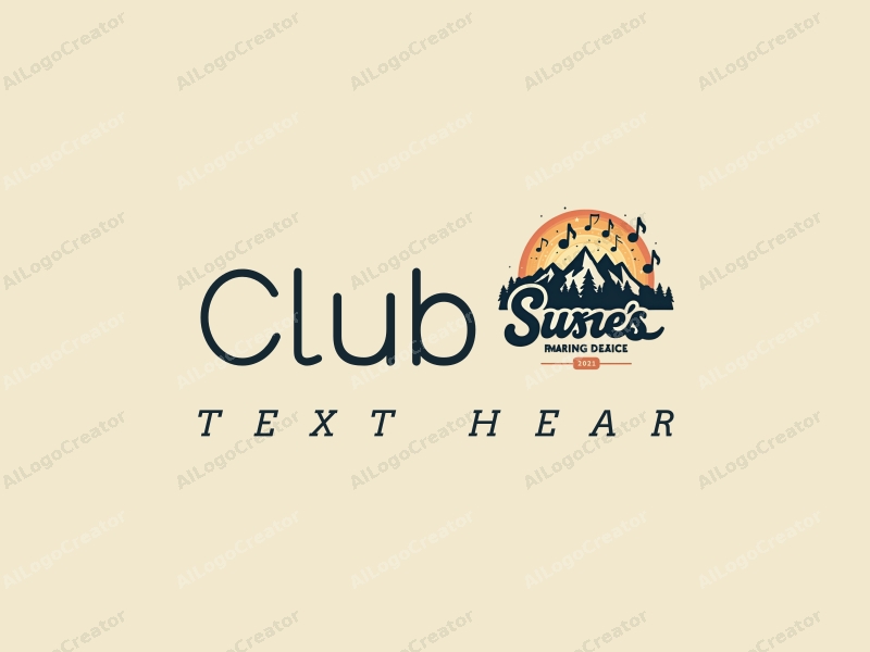 a modern design featuring a stylized club and social elements intertwined with mountain silhouettes and musical notes, combined with a clean background.