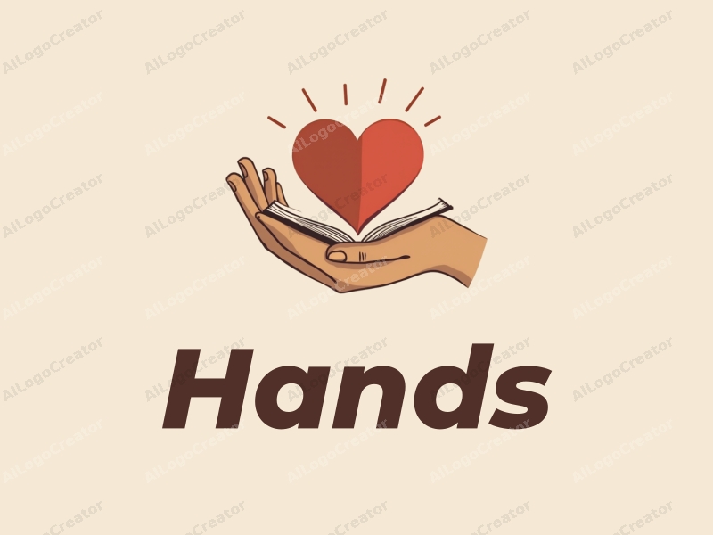 a modern design featuring a hand gently holding a heart and a book, with skin tone colors, combined with a clean and simple background.