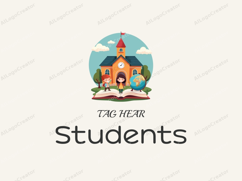 playful design features cheerful students, a stylized school building, open books, and a globe, combined with a vibrant and colorful background.