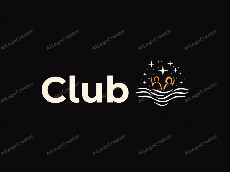 a modern minimalist design featuring a stylized club scene with abstract representations of social interaction, stars, and waves, combined with a clean black background.