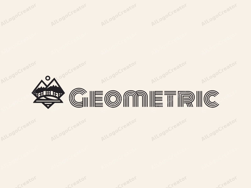 geometric design features a harmonious combination of squares and circles, stylized windows, and peaks, with a clean black and white color scheme.