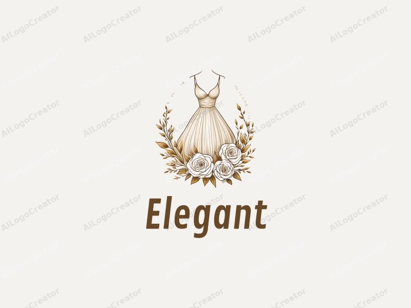 a modern and classic design featuring an elegant bouquet intertwined with a stylized wedding dress silhouette, incorporating white and gold colors, with a clean and harmonious background.