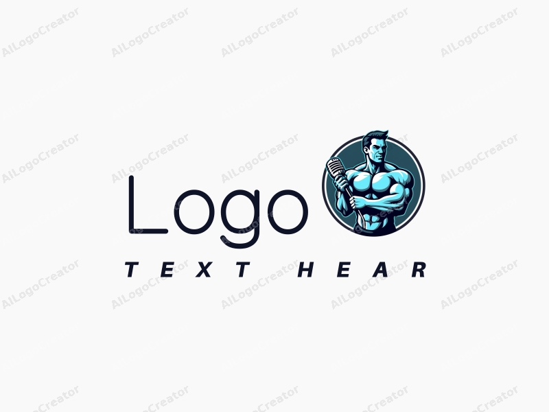 a modern design featuring a muscular figure holding a microphone, incorporating a clean and simple composition with blue and black colors, emphasizing strength and creativity in branding.