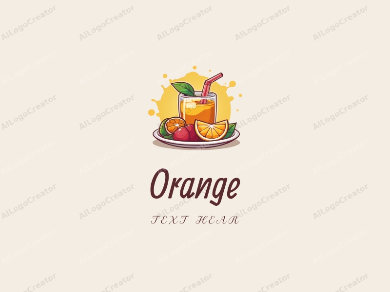 playful design features a vibrant orange, a stylized juice splash, a colorful fruit platter, and a whimsical straw, combined with a clean background.