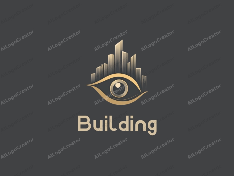 modern design features sleek architectural structures, a stylized eye motif, and a harmonious combination of gray and gold colors against a clean background.