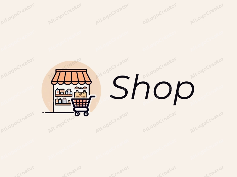 modern design features a stylized shop silhouette, shelves filled with products, and a shopping cart, combined with a clean background.