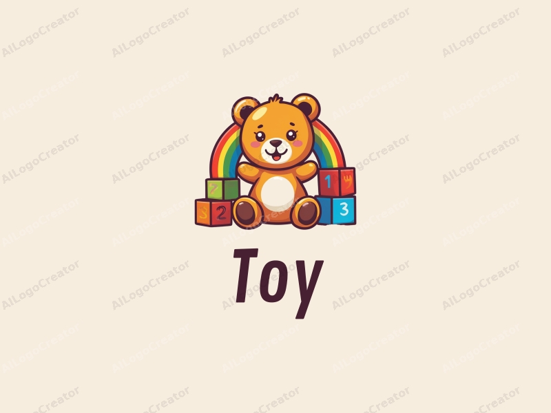 a cute cartoon design featuring a colorful teddy bear, a vibrant rainbow, and playful building blocks, combined with a clean background.