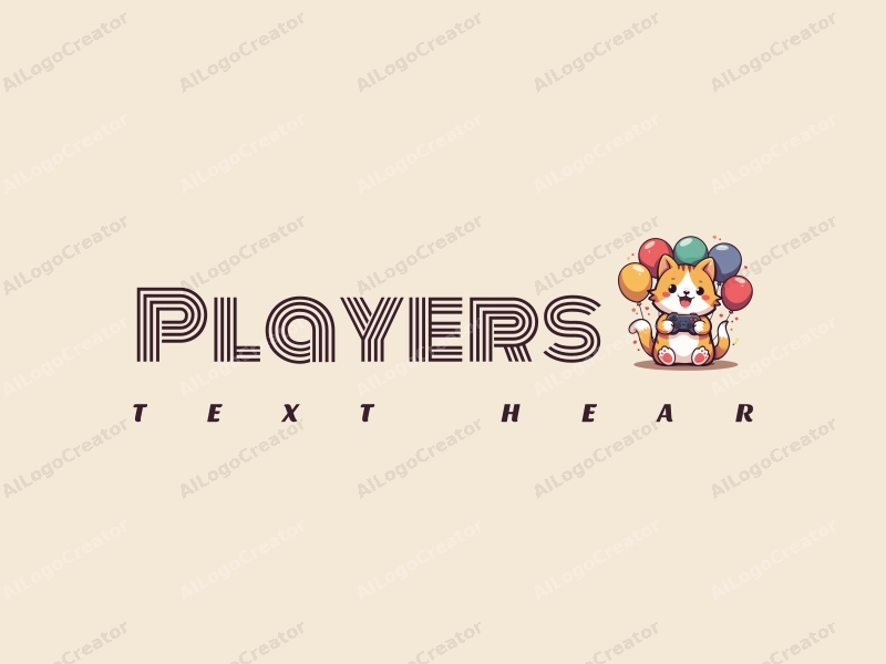 playful design features a cute cat character surrounded by colorful balloons, with a vibrant and cheerful atmosphere, incorporating elements of gaming and playfulness in a clean and simple composition.